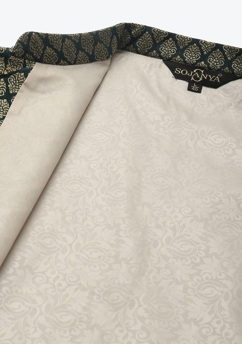 Peach Mirror Work Poly Blend Kurta Set For Men