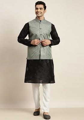 Black Mirror Work Poly Blend Kurta Set For Men