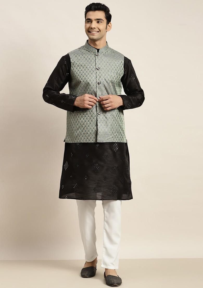Black Mirror Work Poly Blend Kurta Set For Men