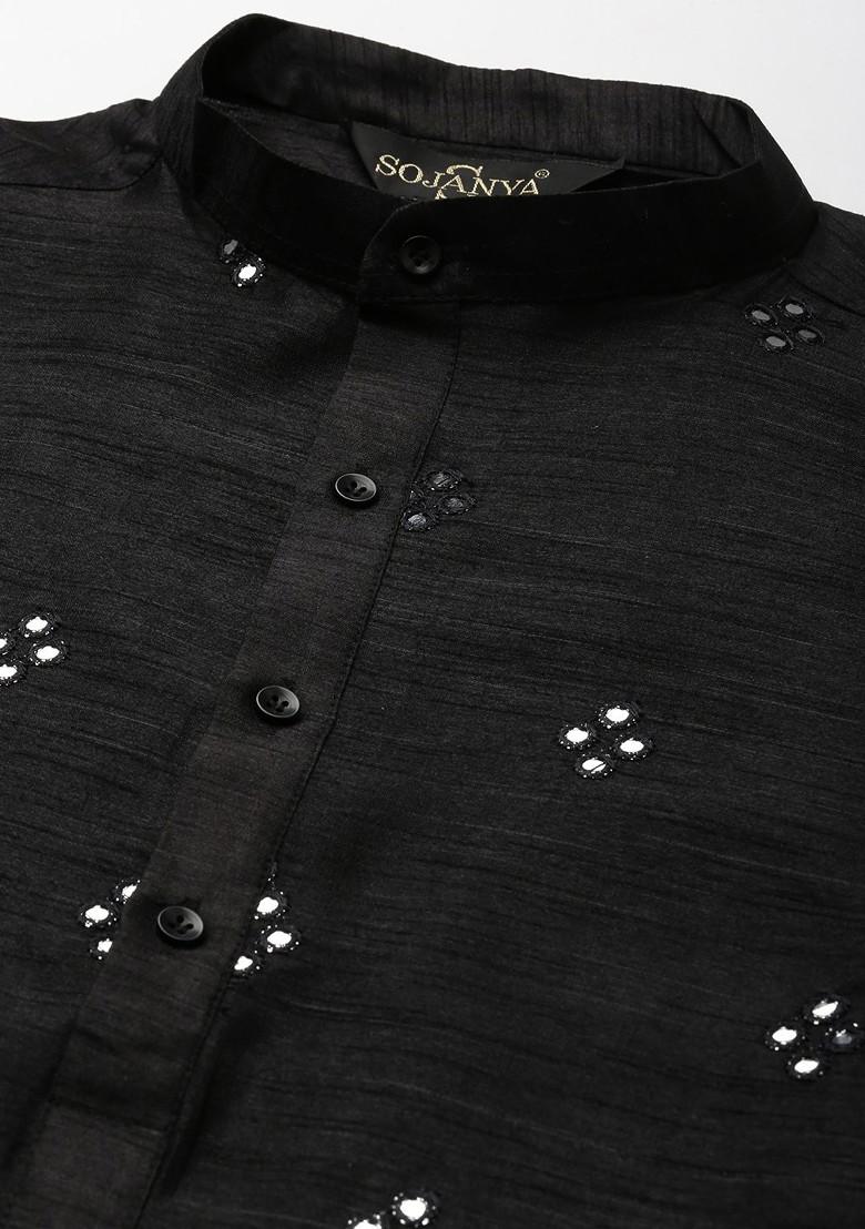 Black Mirror Work Poly Blend Kurta Set For Men