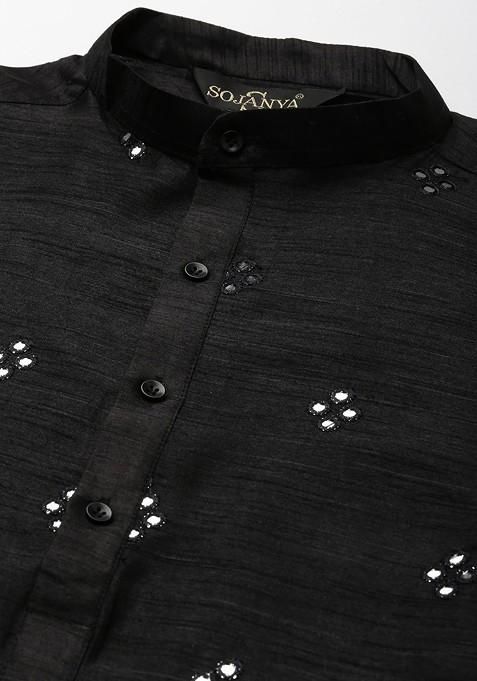 Black Mirror Work Poly Blend Kurta Set For Men