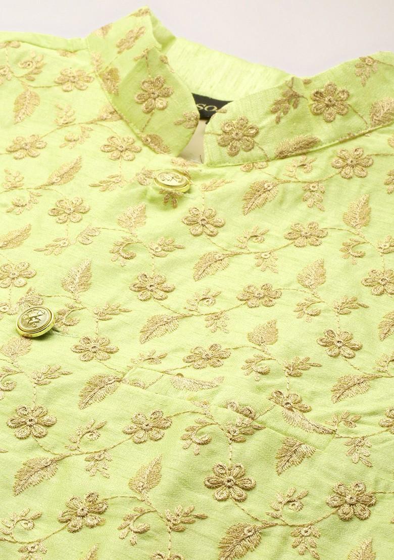 Yellow Mirror Work Poly Blend Kurta Set For Men