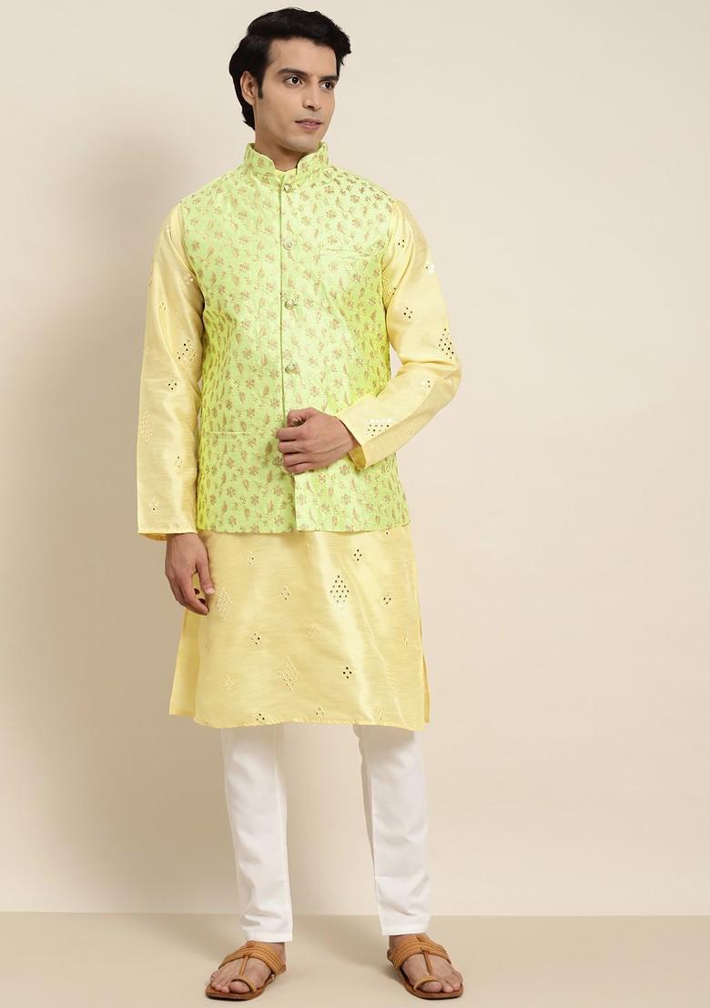 Yellow Mirror Work Poly Blend Kurta Set For Men