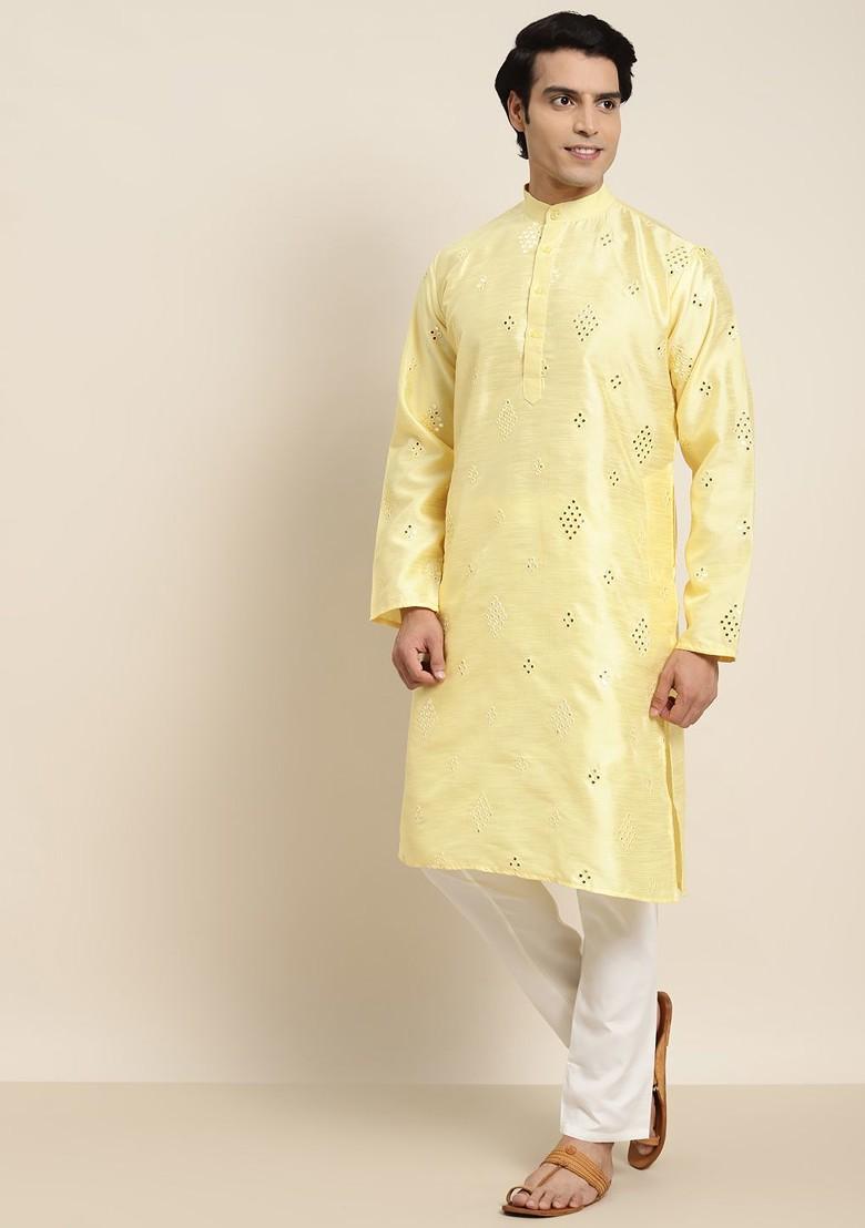 Yellow Mirror Work Poly Blend Kurta Set For Men
