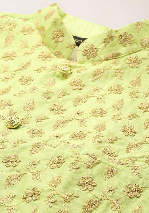 Yellow Mirror Work Poly Blend Kurta Set For Men