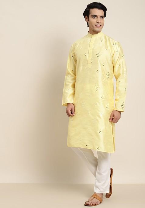 Yellow Mirror Work Poly Blend Kurta Set For Men