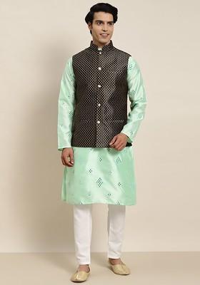 Sea Green Embroidered Poly Blend Kurta Set For Men