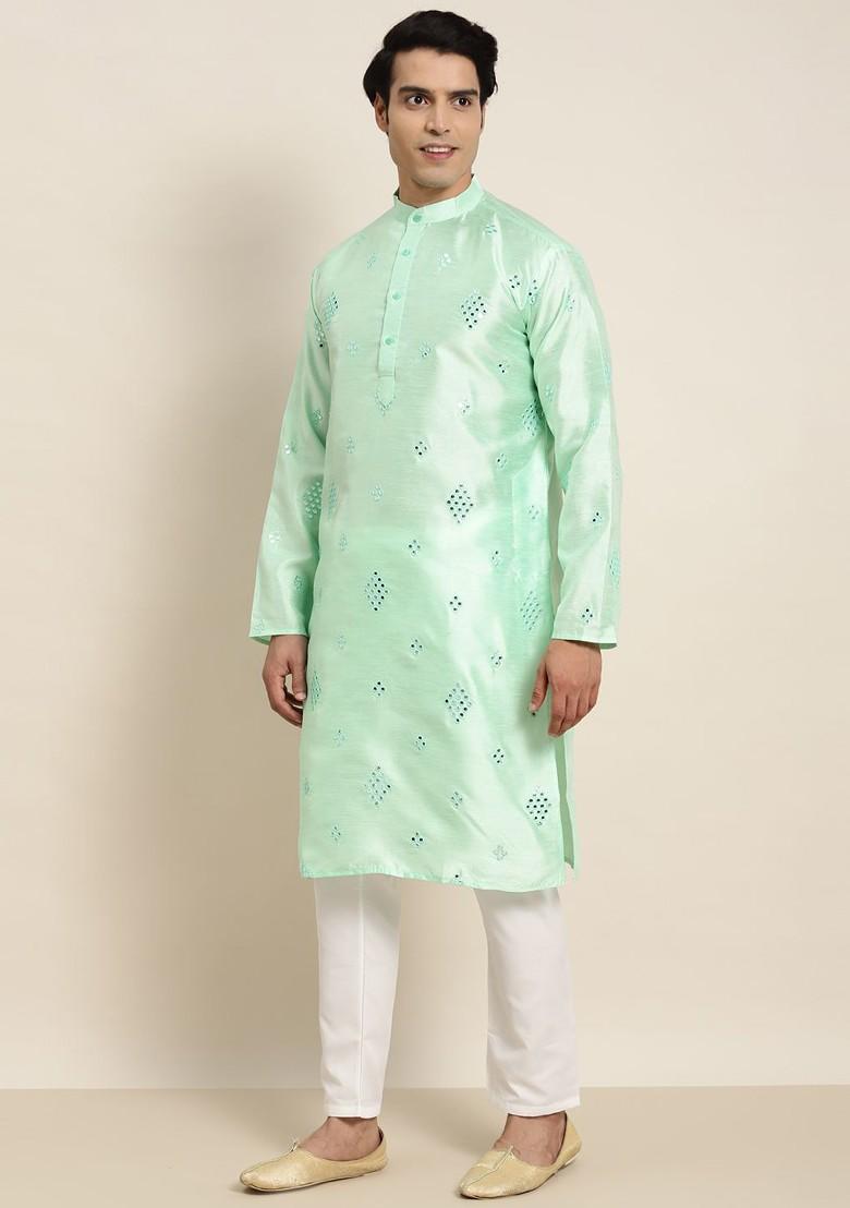 Sea Green Embroidered Poly Blend Kurta Set For Men