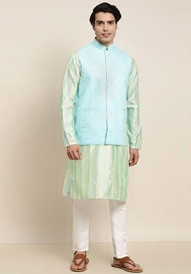 Sea Green Woven Poly Blend Kurta Set For Men