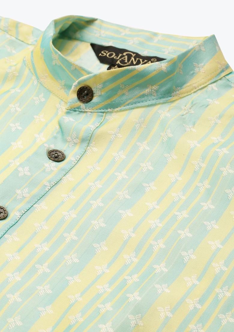 Sea Green Woven Poly Blend Kurta Set For Men