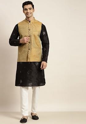 Black Mirror Work Poly Blend Kurta Set For Men