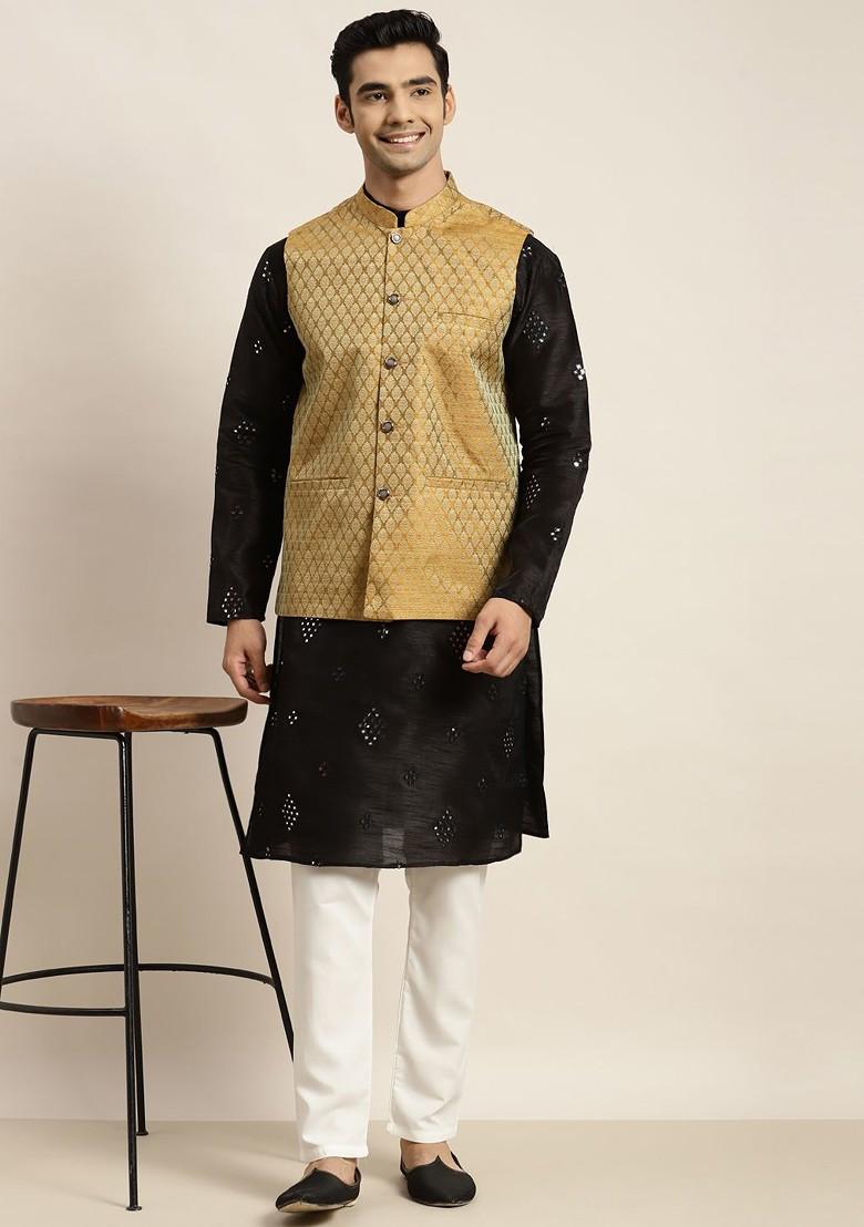 Black Mirror Work Poly Blend Kurta Set For Men