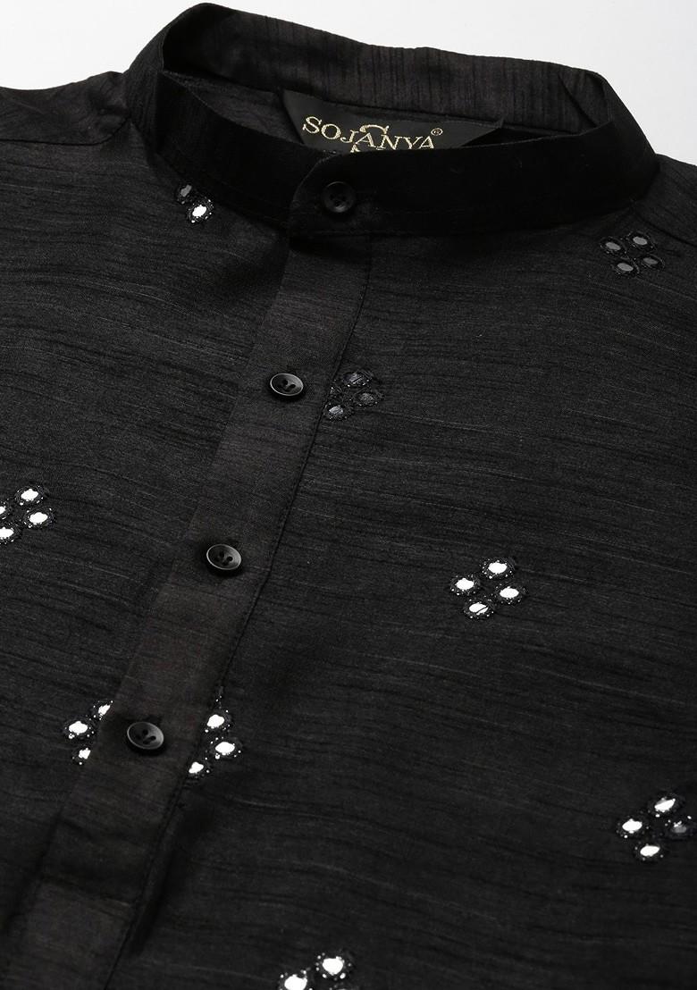 Black Mirror Work Poly Blend Kurta Set For Men