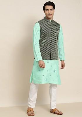Sea Green Embroidered Poly Blend Kurta Set For Men