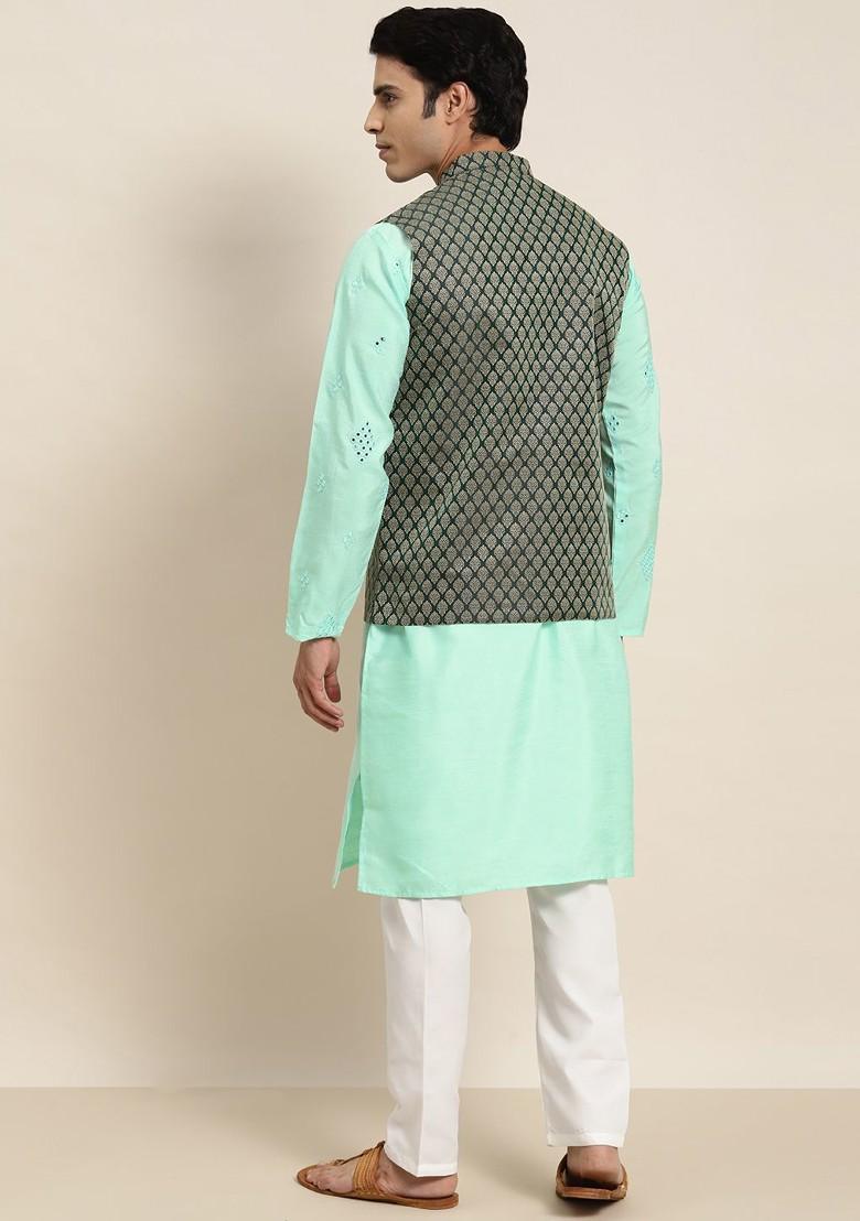 Sea Green Embroidered Poly Blend Kurta Set For Men
