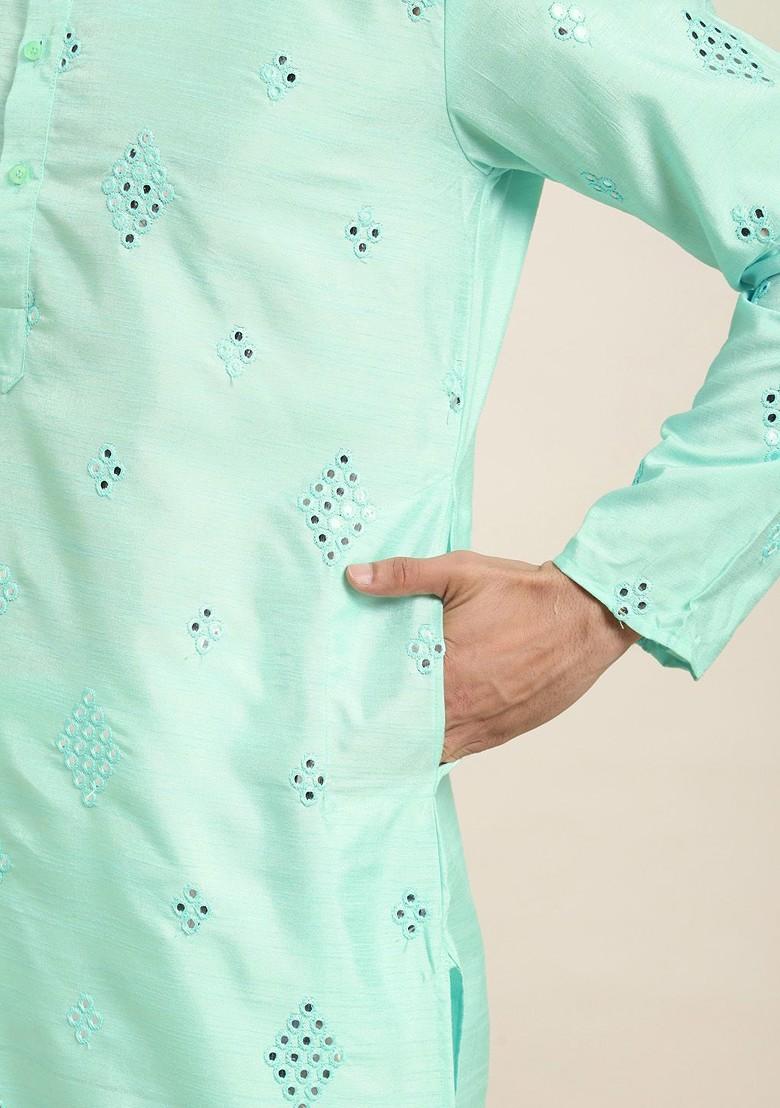 Sea Green Embroidered Poly Blend Kurta Set For Men