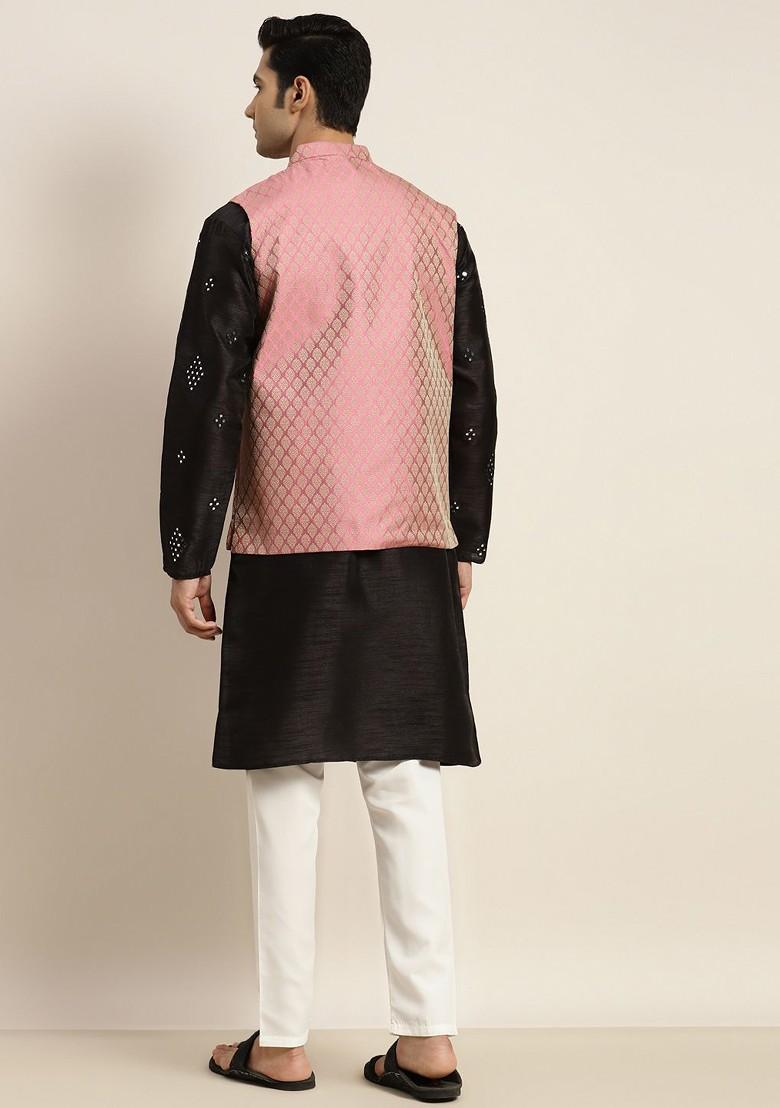 Black Mirror Work Poly Blend Kurta Set For Men