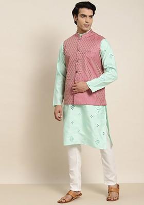 Sea Green Embroidered Poly Blend Kurta Set For Men