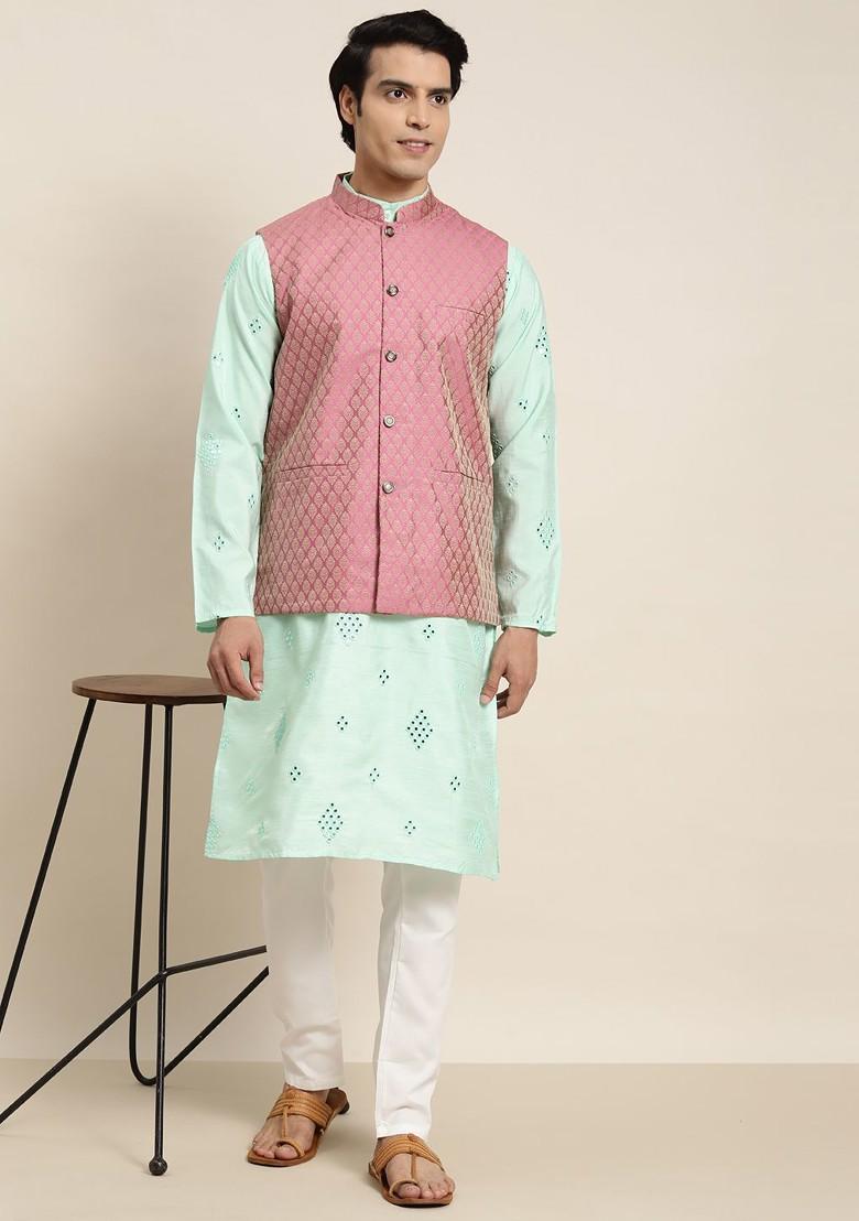 Sea Green Embroidered Poly Blend Kurta Set For Men