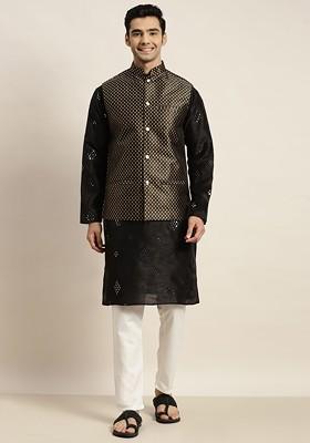 Black Mirror Work Poly Blend Kurta Set For Men