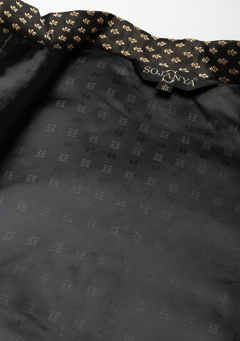 Black Mirror Work Poly Blend Kurta Set For Men