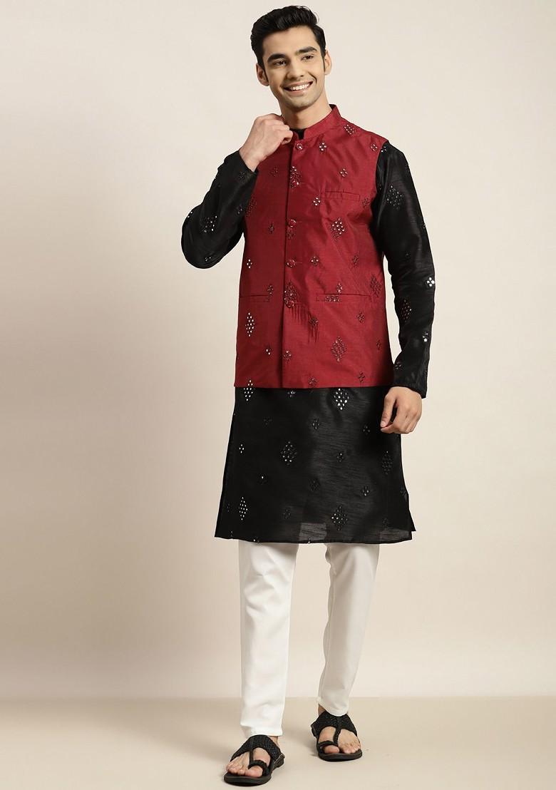 Black Mirror Work Poly Blend Kurta Set For Men
