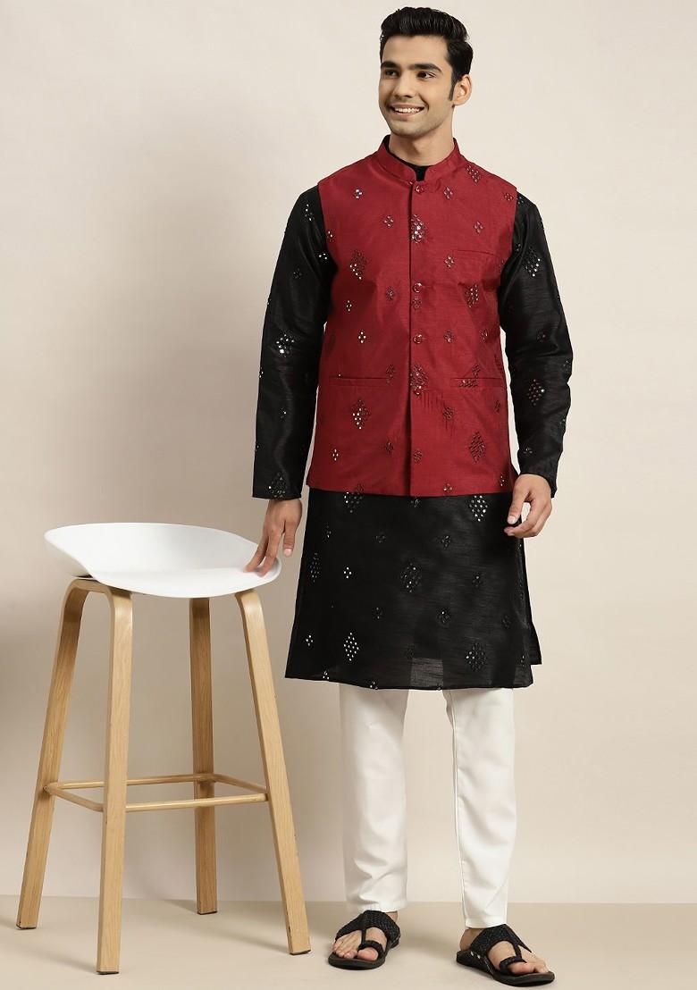 Black Mirror Work Poly Blend Kurta Set For Men