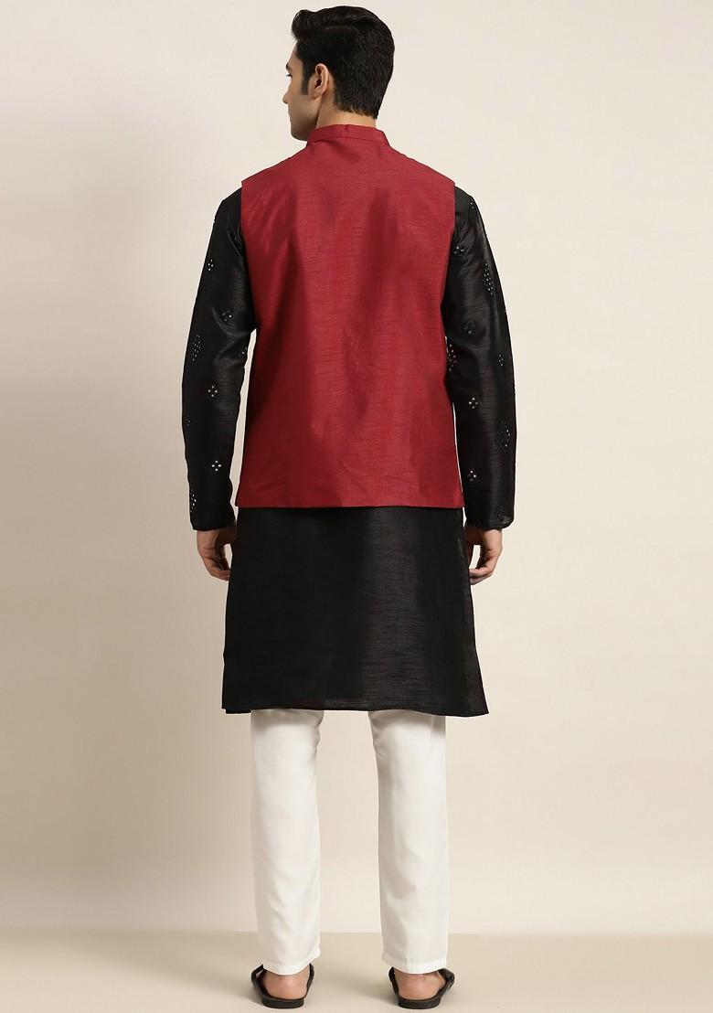 Black Mirror Work Poly Blend Kurta Set For Men
