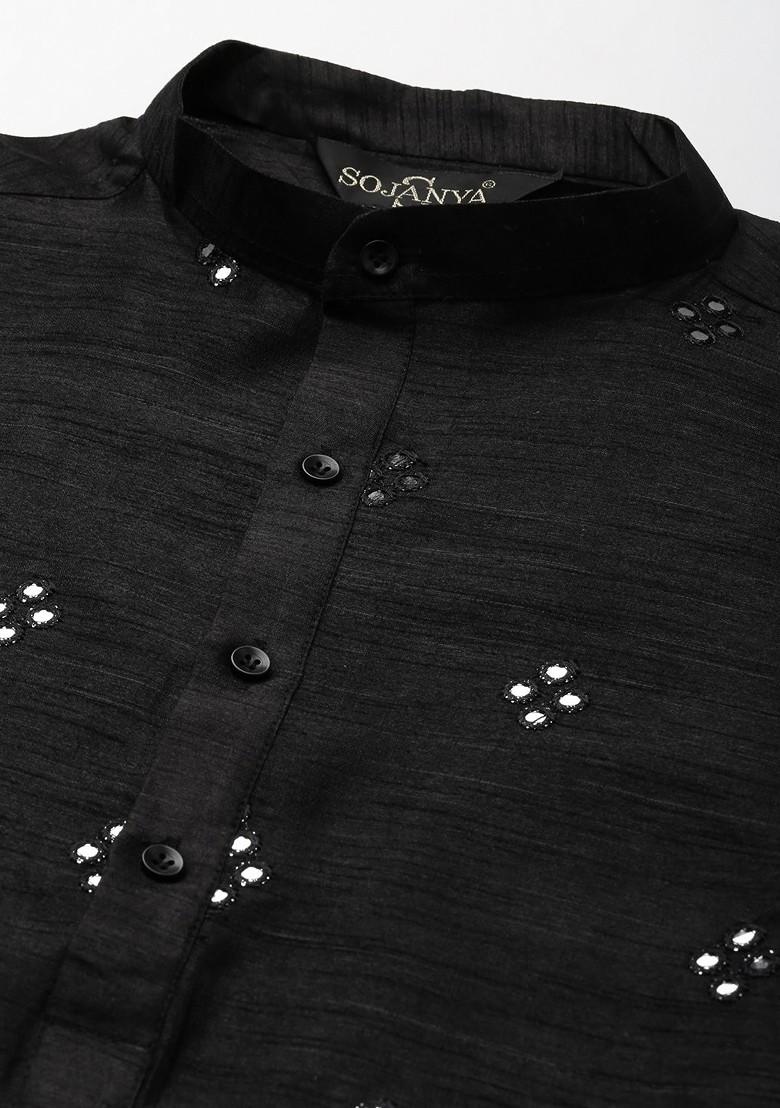 Black Mirror Work Poly Blend Kurta Set For Men