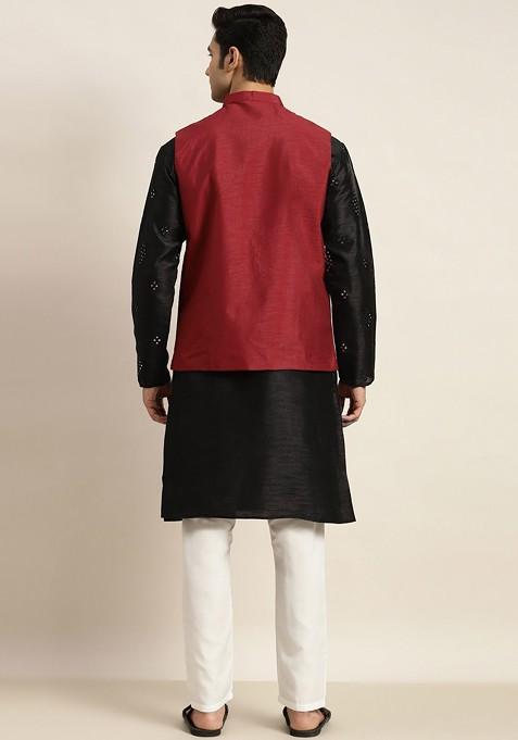 Black Mirror Work Poly Blend Kurta Set For Men