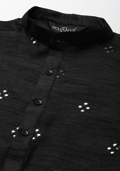Black Mirror Work Poly Blend Kurta Set For Men