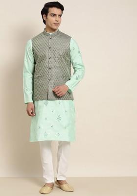 Sea Green Embroidered Poly Blend Kurta Set For Men
