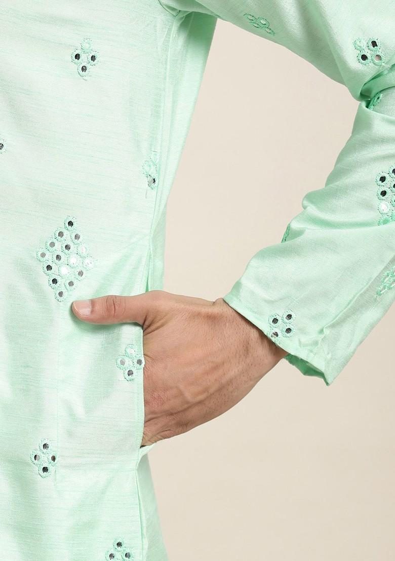 Sea Green Embroidered Poly Blend Kurta Set For Men