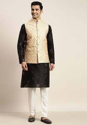 Black Mirror Work Poly Blend Kurta Set For Men