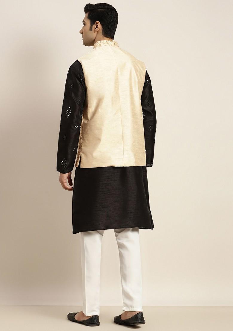 Black Mirror Work Poly Blend Kurta Set For Men