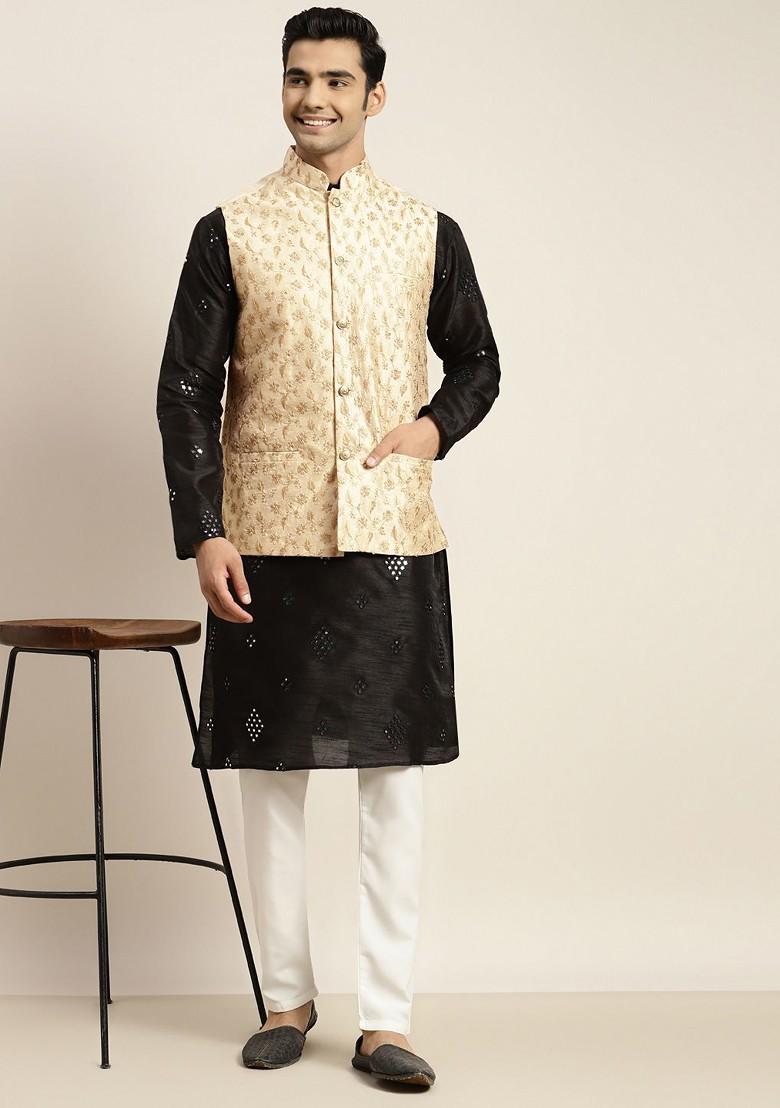 Black Mirror Work Poly Blend Kurta Set For Men