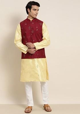 Yellow Mirror Work Poly Blend Kurta Set For Men