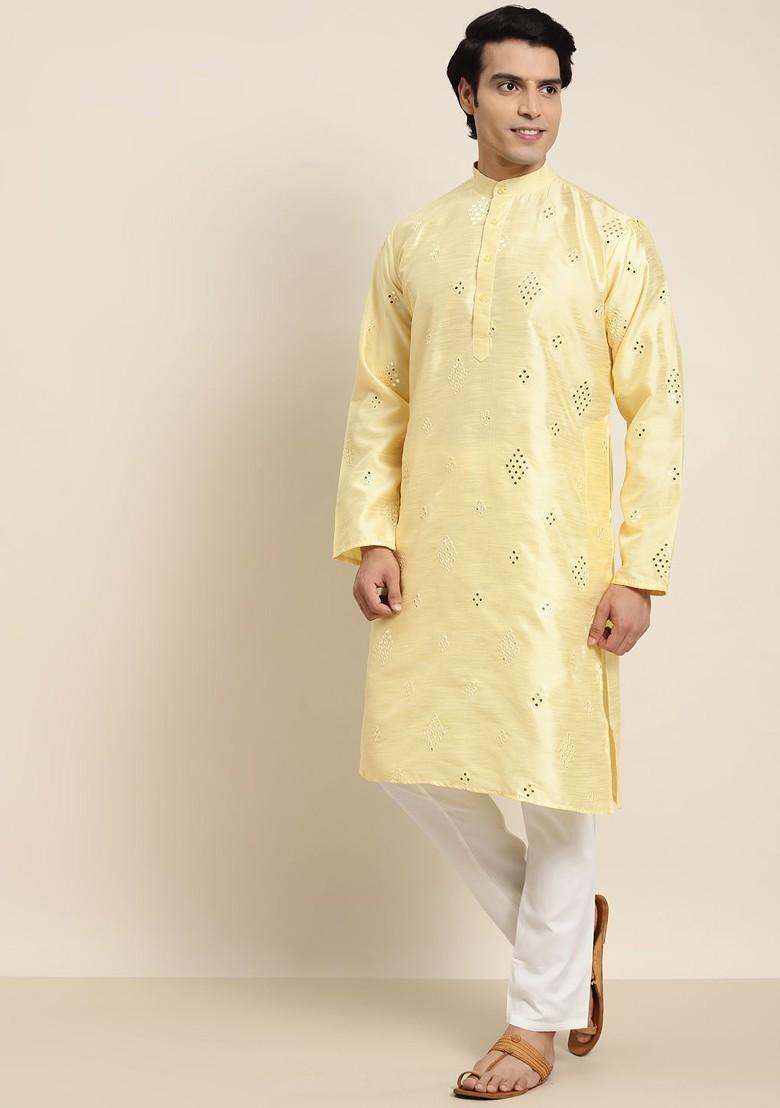 Yellow Mirror Work Poly Blend Kurta Set For Men