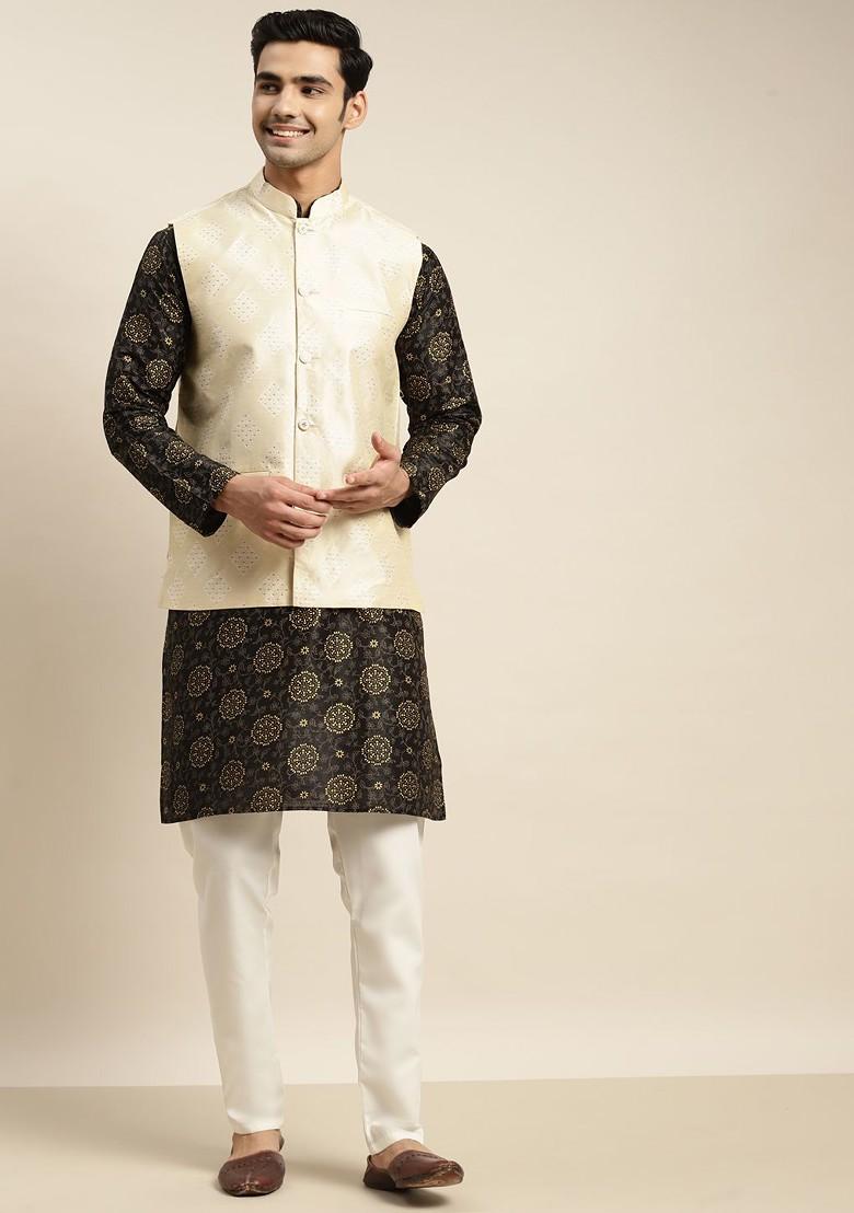 Black Ethnic Motifs Poly Blend Kurta Set For Men