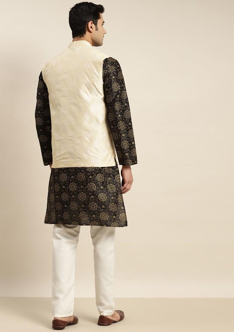 Black Ethnic Motifs Poly Blend Kurta Set For Men