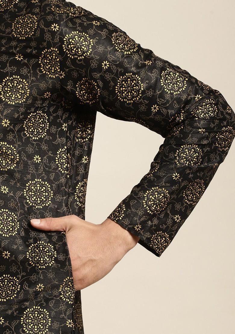 Black Ethnic Motifs Poly Blend Kurta Set For Men