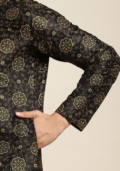Black Ethnic Motifs Poly Blend Kurta Set For Men