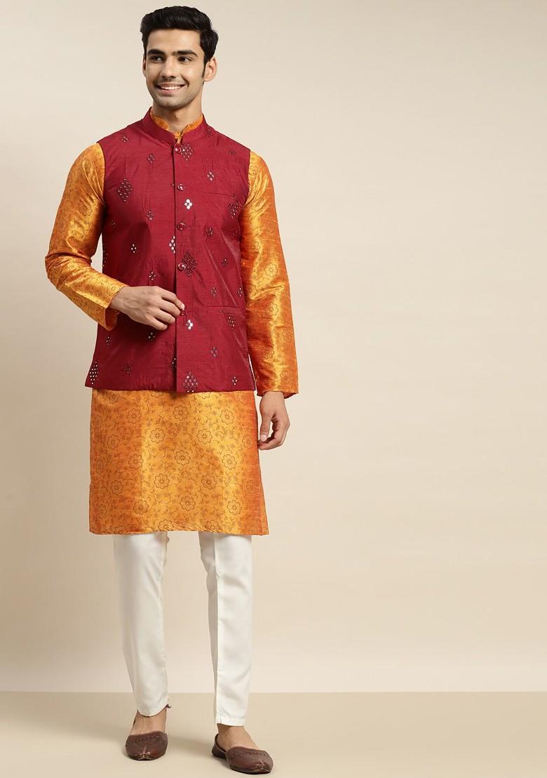 Orange Ethnic Motifs Poly Blend Kurta Set For Men