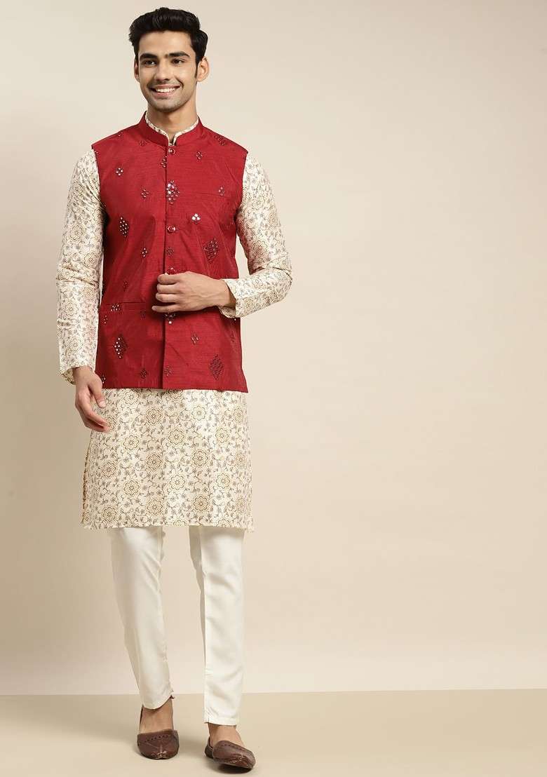 Cream Ethnic Motifs Poly Blend Kurta Set For Men - Indya