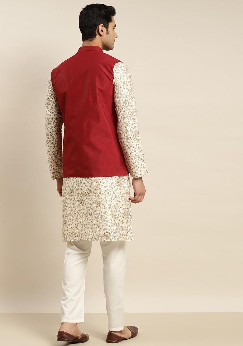 Cream Ethnic Motifs Poly Blend Kurta Set For Men