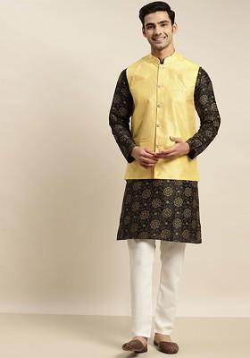 Black Ethnic Motifs Poly Blend Kurta Set For Men