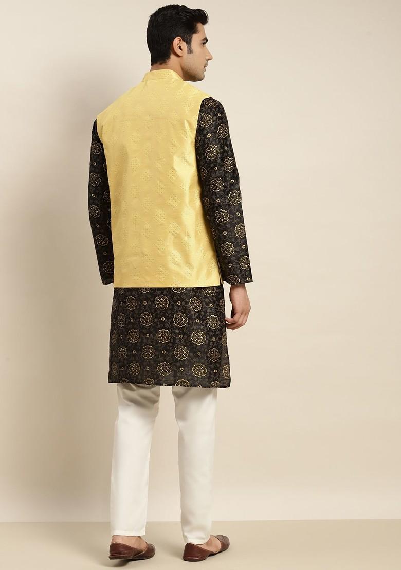 Black Ethnic Motifs Poly Blend Kurta Set For Men