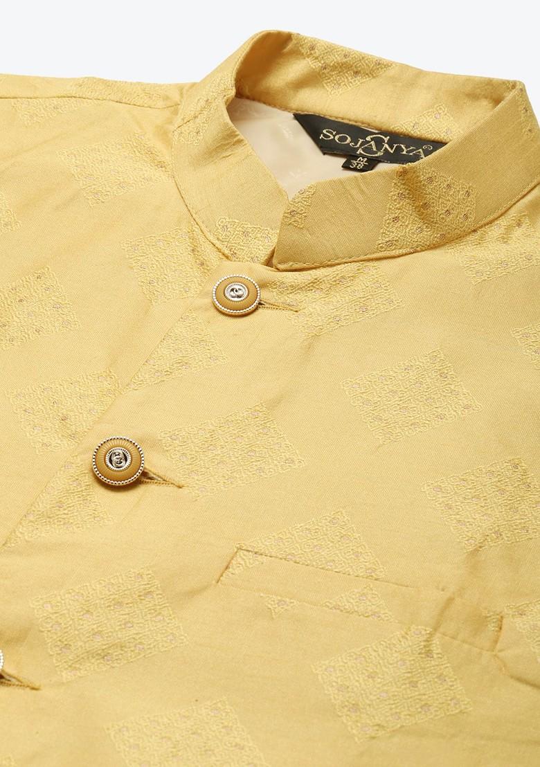 Black Ethnic Motifs Poly Blend Kurta Set For Men