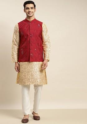 Beige Ethnic Motifs Poly Blend Kurta Set For Men