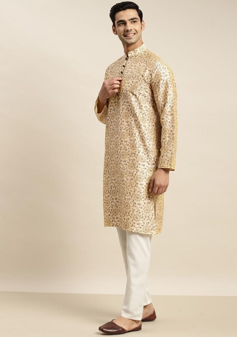 Beige Ethnic Motifs Poly Blend Kurta Set For Men